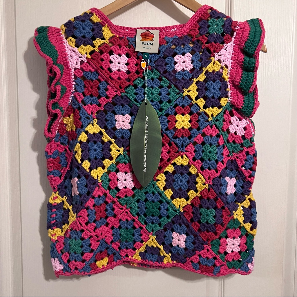 Farm Rio Multicolored Crochet Square Vest New With Tags; Size Xl